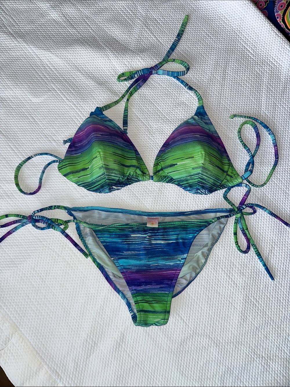 VENUS Blue Green Stripe Bikini Set | DD Halter Top | Side Tie Bottoms | Size 12